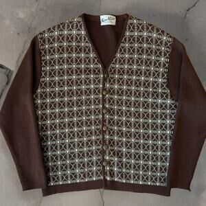 Vintage Kaso Knit Cardigan Women's Large Brown Argyle Worsted Wool 70s Glam